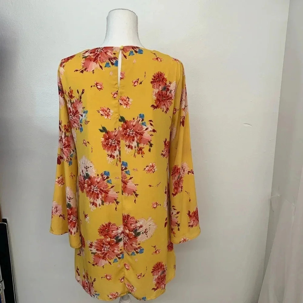 AUW Floral Short Dress Small Yellow Red‎ Sheer Lined Long Bell Sleeve  Key Hole - Picture 2 of 13